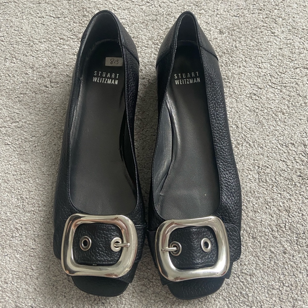 Stuart Weitzman open toe flats with silver buckle